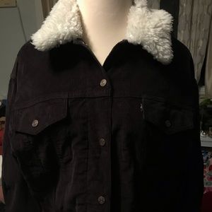Levi’s Baby Cropped Trucker Jacket Black Corduroy Sherpa Collar XL NWT